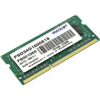 Оперативная память для ноутбуков SO-DIMM DDR3 4Gb (pc-12800) 1600MHz Patriot (PSD34G160081S)