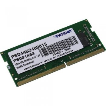 Оперативная память для ноутбуков SO-DIMM DDR4 4GB (pc-19200) 2400MHz Patriot PSD44G240081S