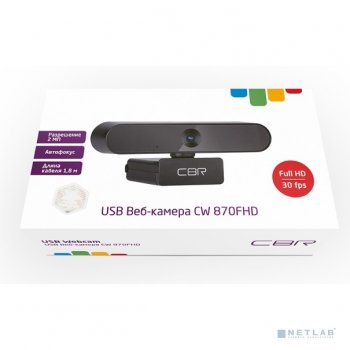 Веб-камера CBR CW 870FHD Black, с матрицей 2 МП, разрешение видео 1920х1080, USB 2.0, встроенный микрофон с шумоподавлением, автофокус, крепление на м