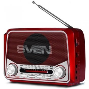 Радиоприемник SVEN SRP-525, красный, радиоприемник, мощность 3 Вт (RMS), FM/AM/SW, USB, microSD, фонарь, встроенный аккумулятор