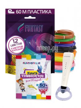 Ручка 3D Funtasy Piccolo + ABS-пластик 12 цветов + книжка с трафаретами White SET31-FY-PIWH