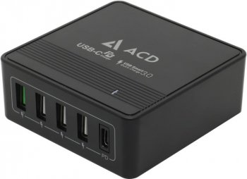 Зарядка USB-устройств ACD <ACD-P605U-V1B> USB (Вх. AC100-240V, Вых.DC5/9/12/15/20V, 60W, 4xUSB+USB-C)
