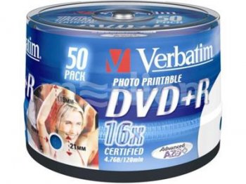 Диск DVD+R Verbatim 4.7Gb 16x Cake Box InkJet Printable (50шт) 43512
