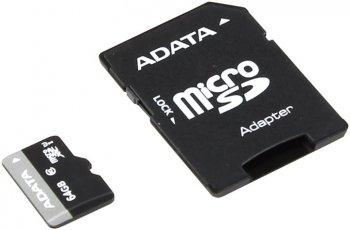 Карта памяти A-Data Premier <AUSDX64GUICL10-RA1> microSDXC Memory Card 64Gb UHS-I + microSD-->SD Adapter