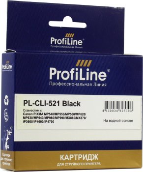 Картридж ProfiLine PL-CLI-521BK для принтеров Canon Pixma Ip3600/IP4600/MP540/MP620/MP630/MP980 с чипом водн