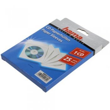 Конверты для оптических дисков Hama <51179> для CD/DVD на 1 диск, белые, бумажные с прозрачным окошком, уп. 25 шт