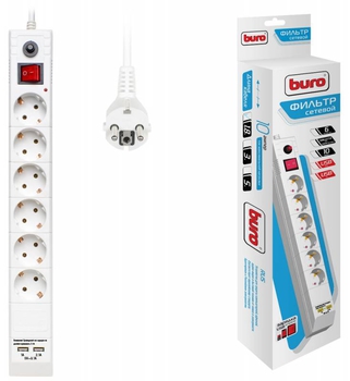 Сетевой фильтр Buro BU-SP1.8_USB_2A-W <1.8м> (6 розеток+2 USB)