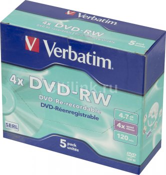 Диск DVD-RW Verbatim 4.7Gb 4x Jewel Case (5шт) 43285