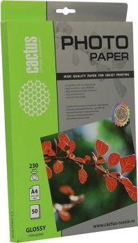 Бумага Cactus A4/230г/м2/50л./белый глянцевое для струйной печати