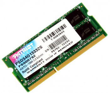 Оперативная память для ноутбуков 4Gb 1333MHz Patriot PSD34G13332S RTL PC3-10600 CL9 SO-DIMM 204-pin dual rank Ret