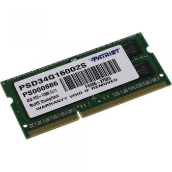 Оперативная память для ноутбуков SO-DIMM DDR3 4Gb (pc-12800) 1600MHz Patriot (PSD34G16002S)