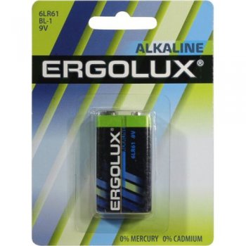 Батарейка Ergolux <6LR61 BL-1> 9V, щелочной (alkaline), типа "крона"