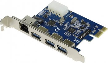 Контроллер Orient VA-3U3A88PE (OEM) PCI-Ex1, USB3.0, 3 port-ext + LAN UTP10/100/1000Mbps