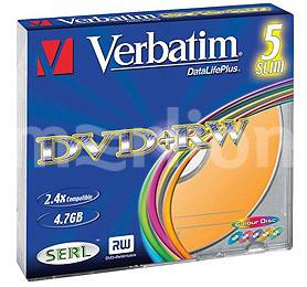 Диск DVD+RW Verbatim 4.7Gb 4x Slim case (5шт) Color (43297)