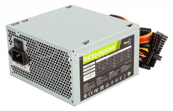 Блок питания Aerocool 500W Retail ECO-500W ATX v2.3 Haswell, fan 12cm, 400mm cable, power cord, 20+4P, 12V 4P, 1x PCI-E 6P, 3x SATA, 2x PATA, 1x FDD