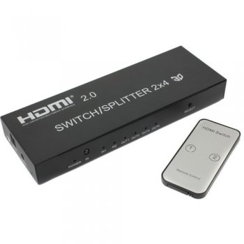 Переключатель + разветвитель видеосигнала Orient <HSP0204H-2.0> 4K HDMI Switch/Splitter (2in -> 4out, ver2.0, ПДУ) + б.п.