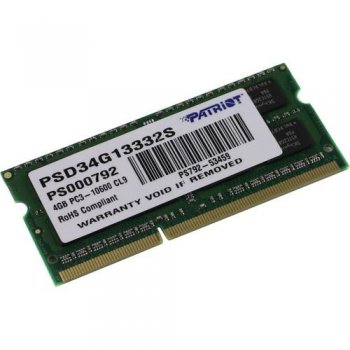 Оперативная память для ноутбуков Patriot <PSD34G13332S> DDR3 SODIMM 4Gb <PC3-10600> CL9 (for NoteBook)