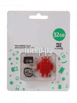 Карта памяти 32Gb - Qumo Fundroid Micro Secure Digital HC Class 10 Red QM32GCR-MSD10-FD-RED с картридером USB (Оригинальная!)