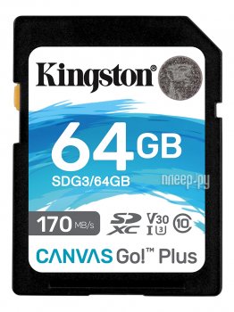Карта памяти 64Gb - Kingston SDXC 170R C10 UHS-I U3 V30 Canvas Go Plus SDG3/64GB (Оригинальная!)