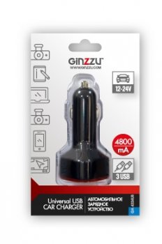 Автомобильный адаптер питания Ginzzu <GA-4324UB> USB (Вх. DC12-24V, Вых. DC5V, 24W, 3xUSB)