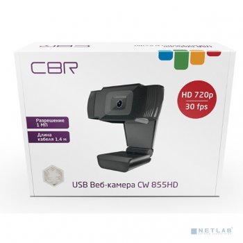 Веб-камера CBR CW 855HD Black, с матрицей 1 МП, разрешение видео 1280х720, USB 2.0, встроенный микрофон с шумоподавлением, фикс.фокус, крепление на мо