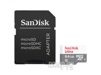 Карта памяти microSDXC 64Gb Class10 Sandisk SDSQUNR-064G-GN3MA Ultra + adapter