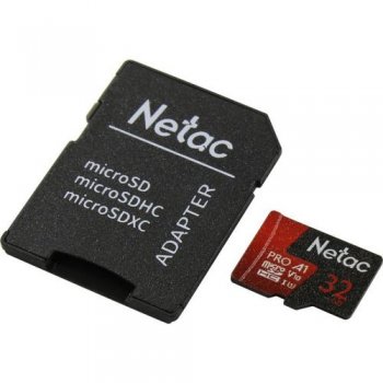 Карта памяти Netac <NT02P500PRO-032G-R> microSDHC Memory Card 32Gb UHS-I U1 V10 + microSD-->SD Adapter