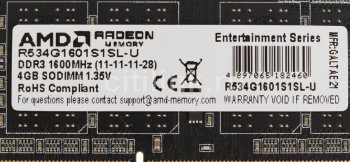 Оперативная память для ноутбуков 4Gb 1600MHz AMD R534G1601S1SL-U RTL PC3-12800 CL11 SO-DIMM 204-pin 1.35В