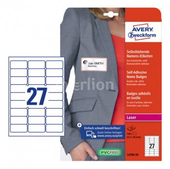 Этикетки Avery Zweckform L4784-20 29.6x63.5мм 27шт на листе/120г/м2/20л./белый ацетатный шелк самоклей. для лазерной печати
