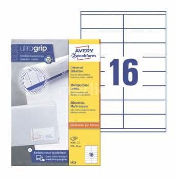 Этикетки Avery Zweckform 3423 A4 105x35мм 16шт на листе/70г/м2/100л./белый матовое самоклей. универсальная