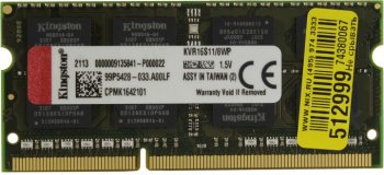 Оперативная память для ноутбуков Kingston DDR3 SODIMM 8GB KVR16S11/8WP PC3-12800, 1600MHz