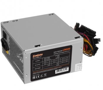 Блок питания 600W ExeGate UN600, ATX, PC, 12cm fan, 24p+4p, 6/8p PCI-E, 3*SATA, 2*IDE, FDD + кабель 220V в комплекте