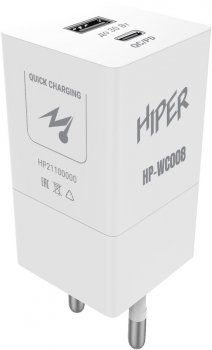 Зарядка USB-устройств Hiper HP-WC008 3A+2.5A PD+QC универсальное белый