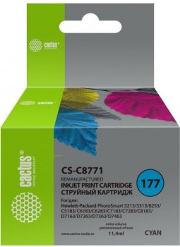Картридж Cactus CS-C8771 №177 голубой (11.4мл) для HP PS 3213/3313/8253/C5183/C6183/C6283/C7183/C7283/C8183/D7163/D7263/D7363/D7463