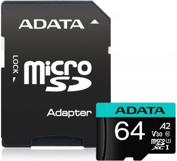 Карта памяти A-Data <AUSDX64GUI3V30SA2-RA1> microSDXC Memory Card 64Gb A2 V30UHS-I U3 Class10 + microSD-->SD Adapter