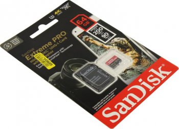 Карта памяти SanDisk Extreme PRO <SDSQXCU-064G-GN6MA> microSDXC Memory Card 64Gb UHS-I U3 V30 A2 + microSD-->SD Adapter