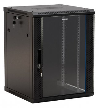 Шкаф коммутационный Hyperline (TWB-0945-GP-RAL9004) настенный 9U 600x450мм пер.дв.стекл 2 бок.пан. 60кг черный 500мм IP20 сталь
