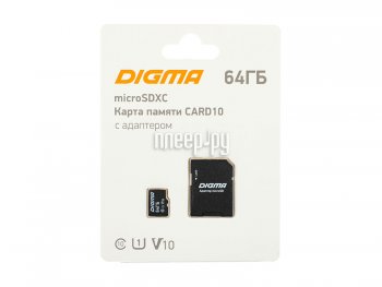 Карта памяти 64Gb - Digma MicroSDXC Class 10 Card10 DGFCA064A01 с переходником под SD (Оригинальная!)