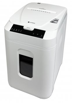 Уничтожитель бумаги Heleos АП40-5 белый с автоподачей (секр.P-5) фрагменты 180лист. 37лтр. скрепки скобы пл.карты