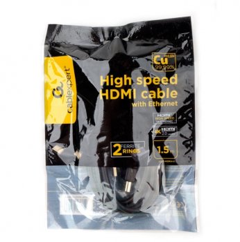 Кабель HDMI Cablexpert CCF2-HDMI4-5, 1,5м, v2.0, 19M/19M, черный, позол.разъемы, экран, 2 ферр кольца, пакет
