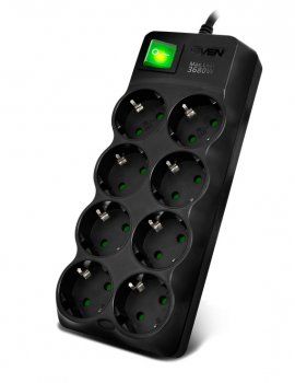 Сетевой фильтр SVEN SF-08E-16 5,0 м (8 розеток с защитными шторками,16А) черный, цветная коробка [SV-021726]