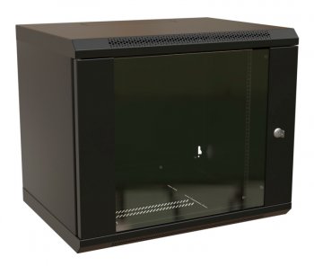 Шкаф коммутационный WRline (WR-TW-1566-GP-RAL9004) настенный 15U 600x600мм пер.дв.стекл 2 бок.пан. направл.под винты 60кг черный 520мм 775мм IP20 стал