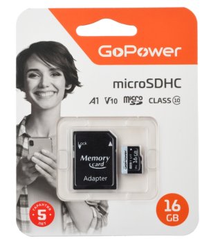 Карта памяти microSD GoPower 16GB Class10 60 МБ/сек V10 с адаптером