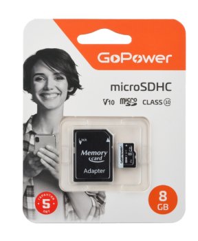 Карта памяти microSD GoPower 8GB Class10 15 МБ/сек V10 с адаптером