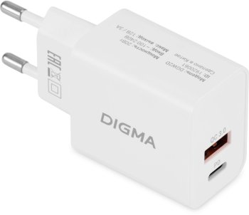 Зарядка USB-устройств Digma DGW2D 20W 3A+1A (PD+QC) USB-C/USB-A универсальное белый (DGW2D0F110WH)