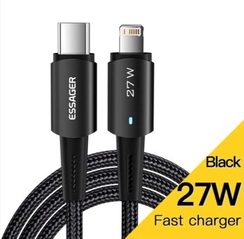 Кабель Essager <577866122778> USB-С M --> Lightning ver3 PD27W 0.5м Black Тканевая оплетка