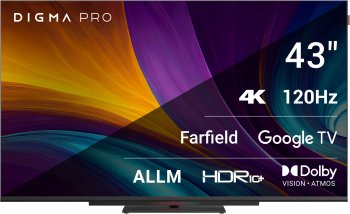 Телевизор-LCD Digma Pro 43" UHD 43C Google TV Frameless черный/черный 4K Ultra HD 120Hz HSR DVB-T DVB-T2 DVB-C DVB-S DVB-S2 USB WiFi Smart TV