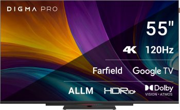 Телевизор-LCD Digma Pro 55" UHD 55C Google TV Frameless черный/черный 4K Ultra HD 120Hz HSR DVB-T DVB-T2 DVB-C DVB-S DVB-S2 USB WiFi Smart TV