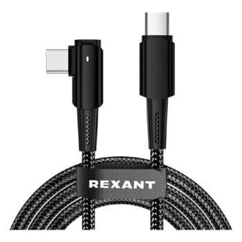 Кабель Rexant (18-7070) Type-C – Type-C, 5А, 100Вт, 1м, в черной нейлоновой оплетке, с угловым штекером и световой индикацией