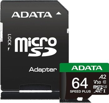 Карта памяти microSD A-DATA 64GB microSDXC Class 10 UHS-I U3 V30 A2 160/140 MB/s (SD адаптер)